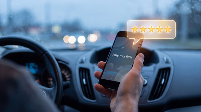 Hand Holding Smartphone with Five Star Rating Inside Car