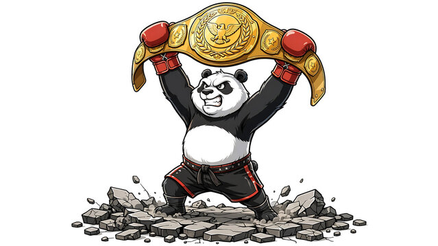 Victorious panda martial artist holding gold championship belt in triumphant victory pose illustration
