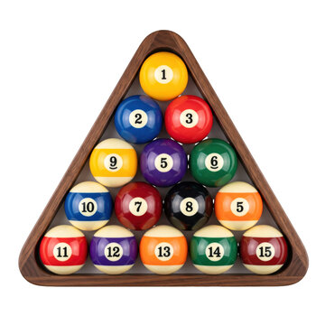 Full rack of numbered billiard balls arranged in a triangle on a white background