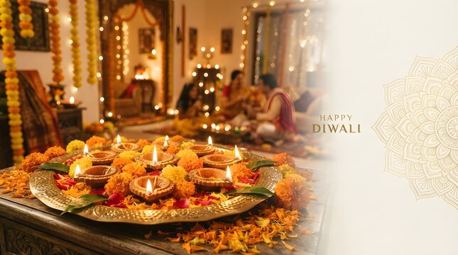 Happy diwali festive background with traditional diya lamps and marigold flowers
