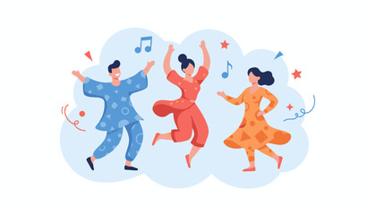 Naklejka premium Cheerful young people dancing and celebrating with raised hands, confetti, and musical elements to represent happiness and social fun times.