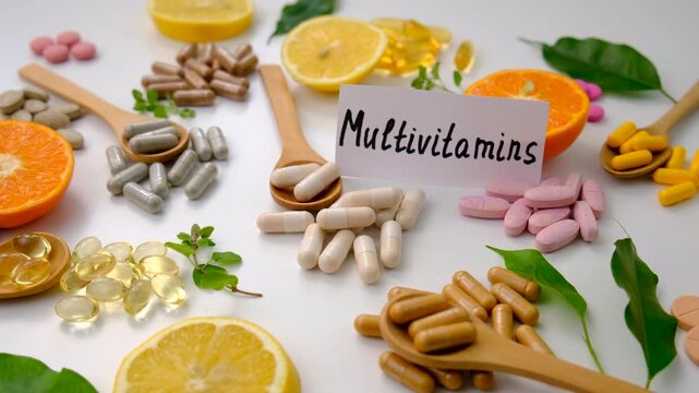 Various tablets and capsules, supplements and vitamins. Selective focus.
