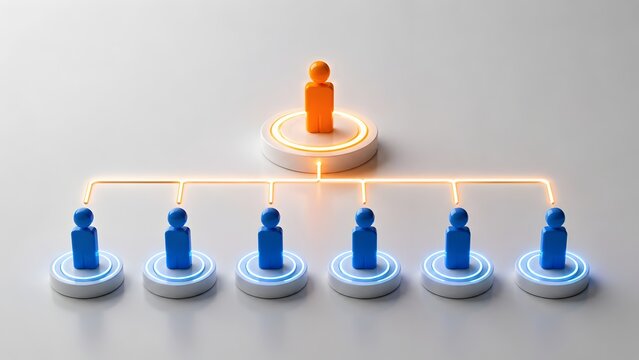 Orange figure above blue figures connected by glowing neon hierarchical lines. Concept of team management and business organizational structure.
