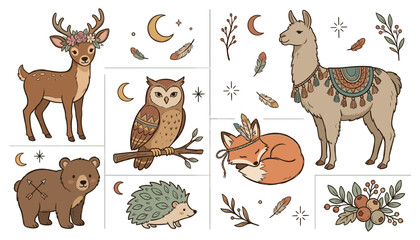 Naklejka premium Woodland Animal Illustration Set with Deer, Owl, Fox, Llama, Bear, Hedgehog, Moon, Feathers, Acorns, Flowers, and Botanical Nature Elements