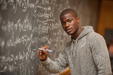 Fototapeta premium A student in a grey hoodie solves complex mathematical equations on the chalkboard, demonstrating his skill in math and commitment to education