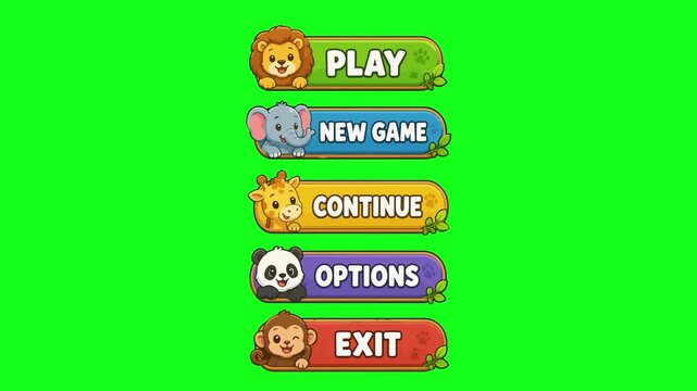 Game menu animated cute animal characters UI buttons list bouncing 4k chroma key green screen background