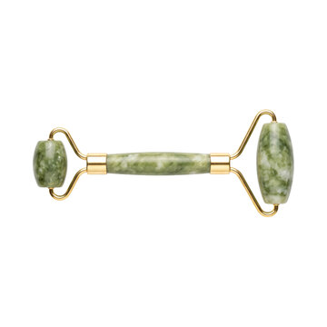 Green jade facial roller with gold accents for skincare and beauty treatments