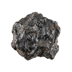 A rough, dark metallic meteorite fragment isolated on a white background © maximon4ik