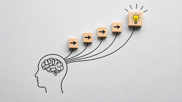 Line drawing of human head with wooden blocks forming an upward arrow leading to glowing lightbulb. Concept of continuous learning progression and creative business innovation.