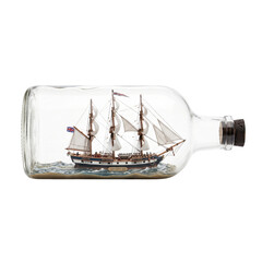 Detailed model ship Adventure inside a glass bottle on a white background © maximon4ik