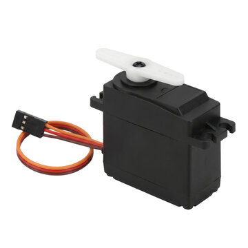 Small black servo motor with white horn and three-wire cable on isolated background
