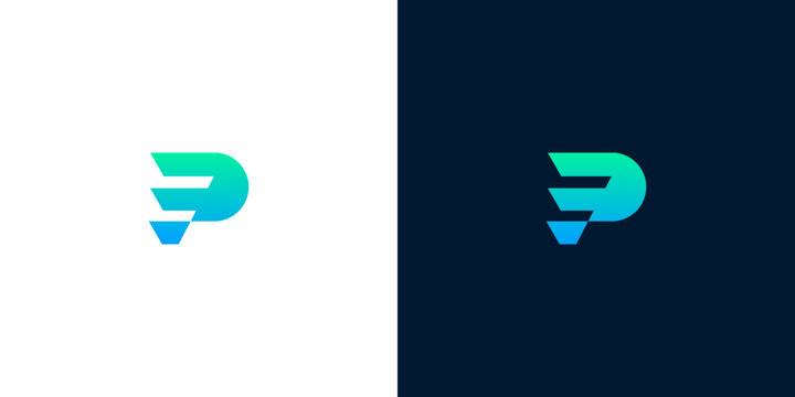 Modern letter P logo concept with gradient color on white and dark backgrounds for corporate brand identity design
