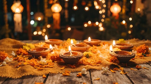 Traditional clay diyas with marigold flowers on rustic wooden table for diwali