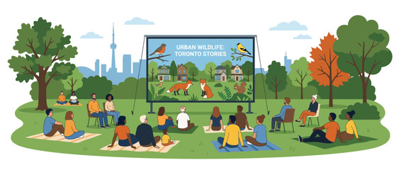 Fototapeta premium Diverse People Watching Outdoor Movie About Urban Wildlife in Toronto Park