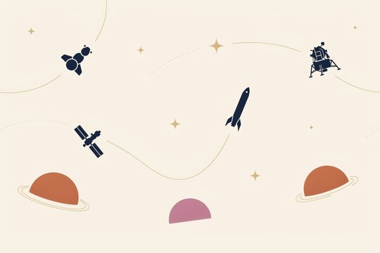 Minimalist space themed pattern featuring rockets, satellites, lunar modules, and planets with rings on a light beige background, for kids