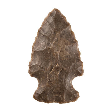 Ancient stone arrowhead artifact with chipped edges on a clean white background