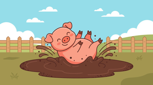 A delightful flat design illustration of a cheerful pig playfully rolling in a mud puddle, capturing the joyous spirit of farm animals. 