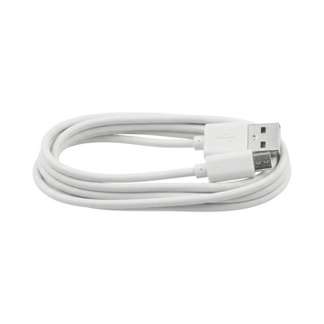 White USB to Micro USB cable coiled neatly on a clean white background