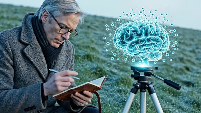Senior man studying holographic brain on tripod while writing notes outdoors. Scientist observes digital brain visualization. Man writes studying brain hologram. Neural network on tripod field.