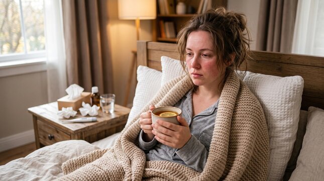 Sick young woman resting in bed while drinking hot lemon tea during a cold winter flu
