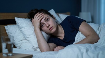 Obraz premium Stressed woman suffering from insomnia lying awake in bed at night