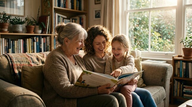 Grandmother, mother, and child reading a picture book together on a sofa, sharing a happy three-generation family moment for National Grandparents Day.