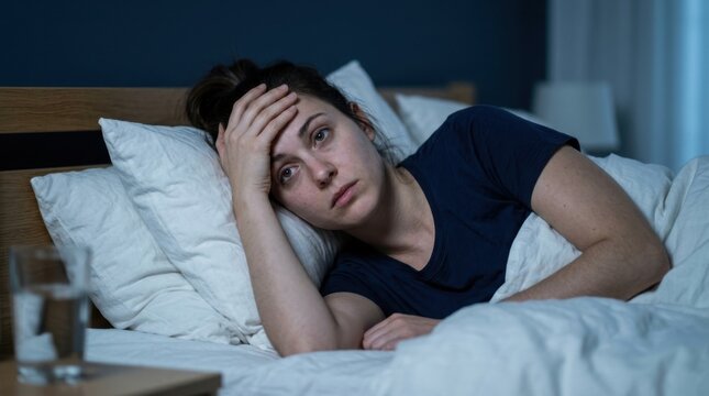 Stressed woman suffering from insomnia lying awake in bed at night