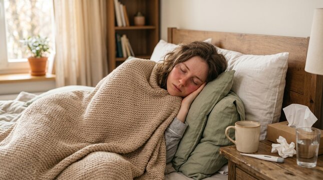 Exhausted young woman suffering from a high fever sleeping soundly under a thick warm knitted blanket