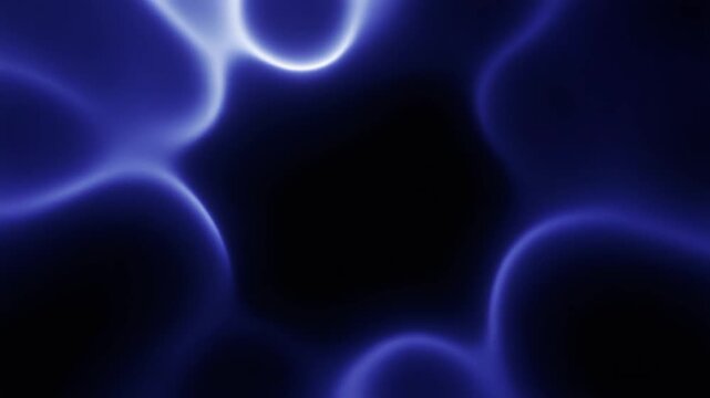 Deep sapphire-blue plasma mass pulses and reshapes continuously, luminous energy flexing gently against deep black with futuristic glow, smooth motion, and generous copy space.