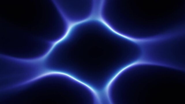 Deep sapphire-blue plasma mass pulses and reshapes continuously, luminous energy flexing gently against deep black with futuristic glow, smooth motion, and generous copy space.