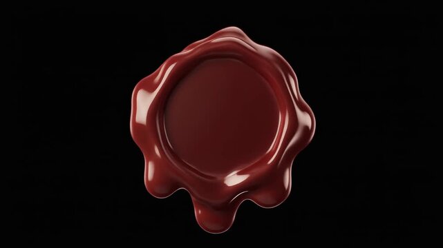 Burgundy wax seal softens and melts inward at edges, forming smooth glossy pooling under warm side lighting against black, creating elegant traditional motion with refined luxury texture.
