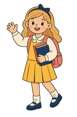 Flat illustration of a cute little schoolgirl holding books and carrying a backpack waving hand isolated on white background