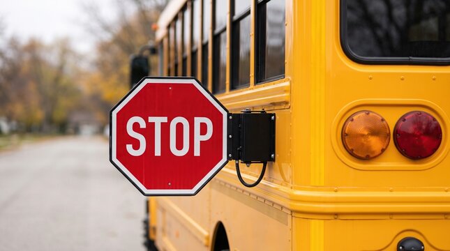Bright yellow school bus with extended stop sign displaying the word Stop, emphasizing road safety regulations and pedestrian awareness for student transportation.