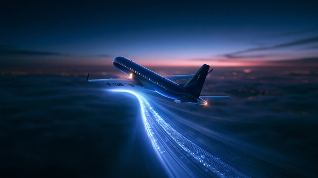Airplane Flying at Dusk with Glowing Blue Light Trail