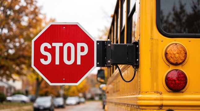 Deployed yellow school bus stop sign with red stop lettering, emphasizing student pedestrian safety and transportation regulations on a neighborhood street.