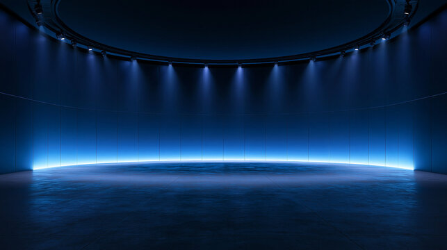 Futuristic Empty Studio Stage with Blue Spotlight Illumination