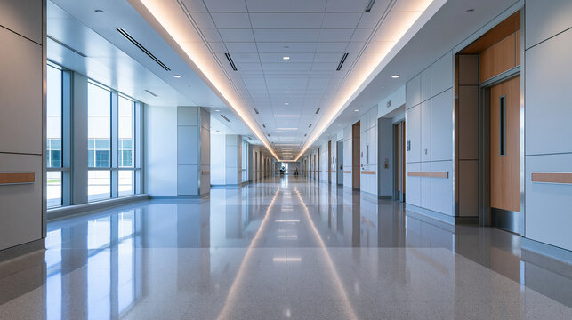Empty Modern Hospital Corridor with Bright Lighting and Reflective Floor