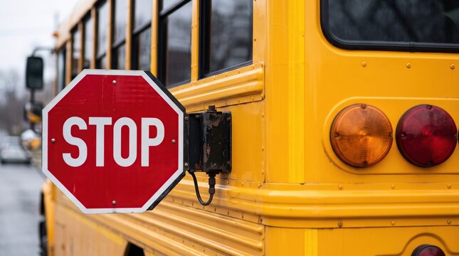 Extended yellow school bus stop sign with red stop lettering showing safety protocols for traffic regulation and student transportation awareness.