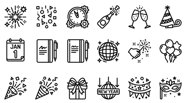 Set of eighteen black and white thin line new year party icons