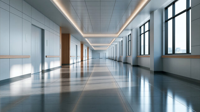 Modern Empty Office Corridor with Large Windows and Elevator