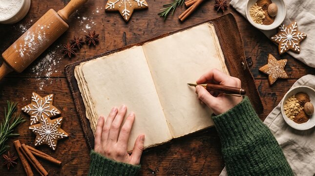 Hands writing in a blank vintage leather notebook surrounded by festive holiday baking ingredients on a dark wooden table, showcasing cozy Christmas season planning and recipe organization.