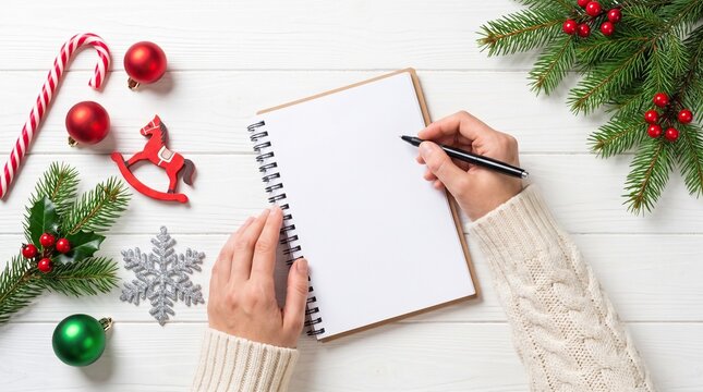 Person writing in a blank spiral notebook surrounded by festive holiday decorations, representing Christmas season planning and goal setting.