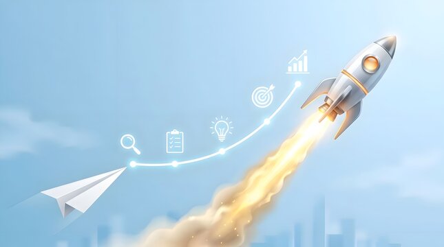 Startup growth and business transformation concept with rocket launching from a paper plane upward