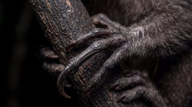 Primate hands with sharp claws gripping tree branch, monkey paws macro photography, exotic animal wildlife detail