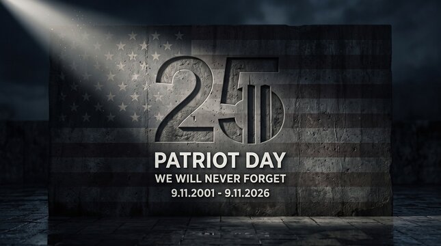 Stone memorial slab with Patriot Day 25 years text honoring the 9.11.2001 event, featuring the American flag design for national unity and solemn reflection.