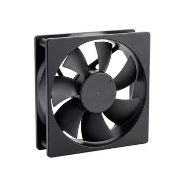Black computer cooling fan angled on white background