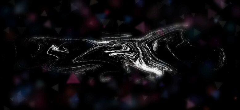 A white swirling vortex expands like fluid energy in the center of a dark space. Around it, colorful triangular shapes appear like digital fragments