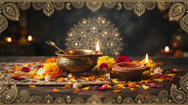 Traditional brass diya and clay lamp with marigold flowers for diwali festival