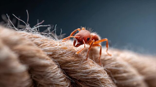 A macro shot showcases a red ant on a rough rope with an out-of-focus blue backdrop