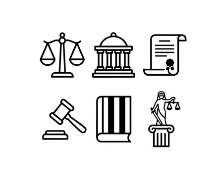 Law, justice and legal vector icon set, court scales, judge gavel, and law book symbols.